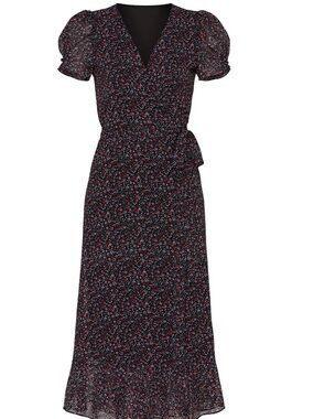 Madewell Black Maxi Wrap Dress with Red & Pink Floral Print